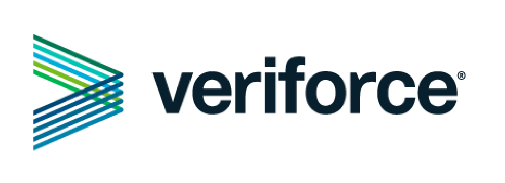 Logo of veriforce featuring stylized lines forming an arrow next to the word "veriforce" in blue lowercase letters with a registered trademark symbol.