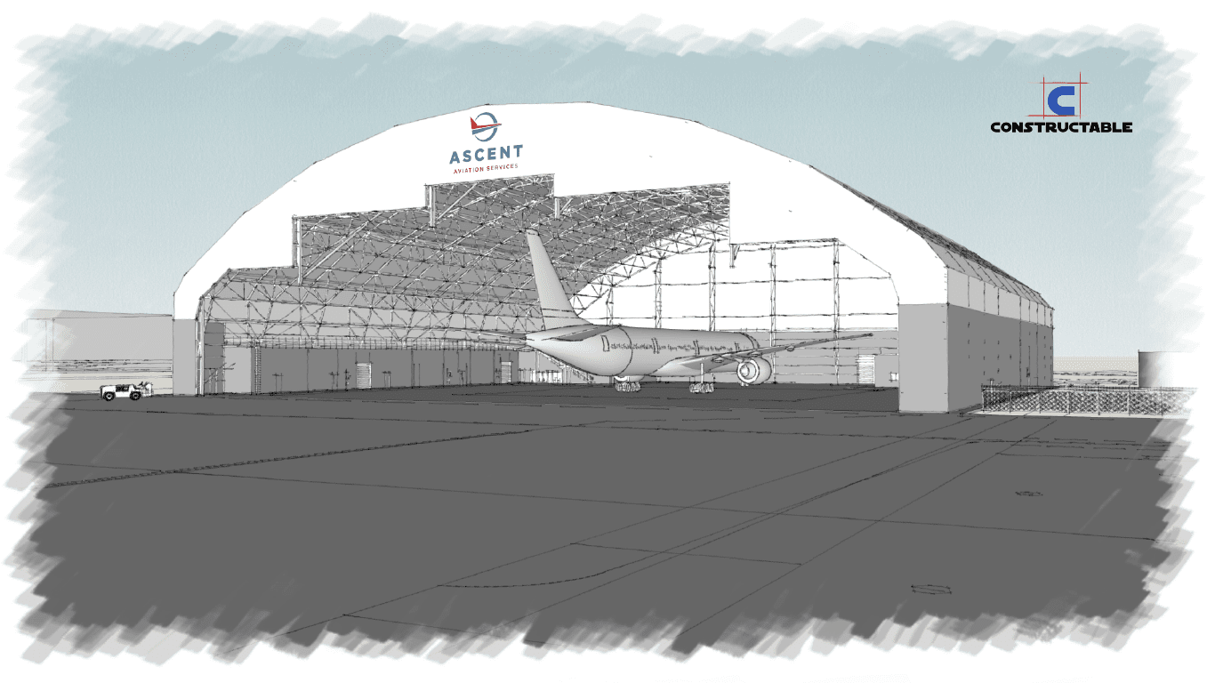 A grayscale architectural concept sketch of an airplane hangar showing a plane partially inside, with logos for "ascent" and "constructable projects" on the buildings.