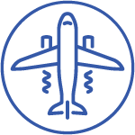 A simple line drawing of a plane enclosed in a circle, depicted in a neon blue color on a dark background, with wavy lines suggesting motion or turbulence at the wings.