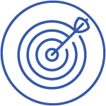 A minimalist icon of a target with an arrow hitting the bullseye, depicted in a thin blue line style on a transparent background.