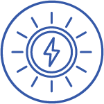 A stylized icon depicting an electric energy symbol enclosed within two concentric circles with radiating lines, all in a monochrome blue outline.