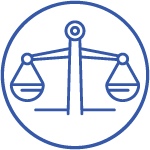 A simple blue line icon depicting a balanced scale enclosed in a circle. the icon symbolizes law, justice, or equality.