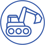 A simple line drawing of an excavator enclosed within a circle, depicted in a monochrome blue color.