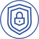 A minimalistic icon featuring multiple concentric shields with a central padlock, depicted in a thin blue line style, symbolizing data protection or cybersecurity.