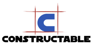 Logo of "constructable" featuring a stylized blue "c" within a red grid, set against a dark green background.