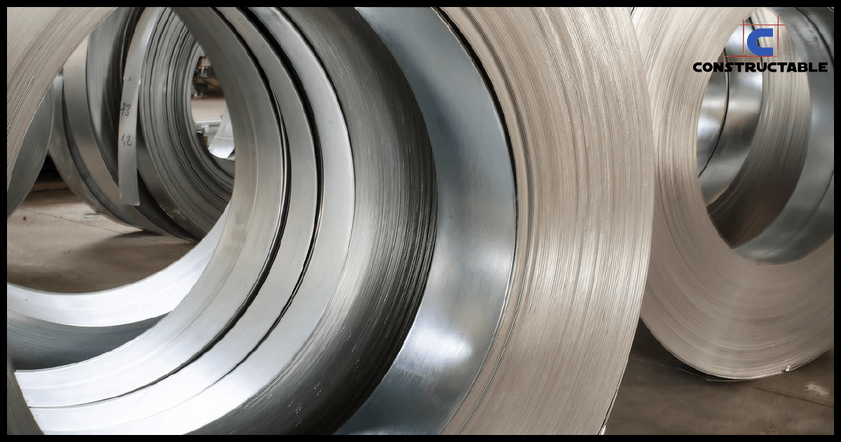 Large coils of shiny metal sheets, crucial in managing construction costs, are stored in an industrial warehouse, displaying different sizes and positioned to show curved edges. The constructable logo is visible in the corner.