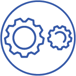 Circular icon featuring two interlocking gears, one large and one small, designed in a line-art style on a solid background.