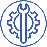 A blue line icon depicting a wrench centered within three interconnected gears, enclosed in a circle, symbolizing maintenance, repair, or mechanical work.
