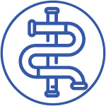 A stylized blue dollar sign shaped into a maze within a circular border, using thin lines and sharp angles on a transparent background.