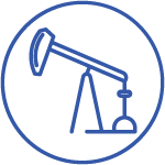 Blue line icon of an oil pump jack inside a circle, depicting equipment used for extracting petroleum.