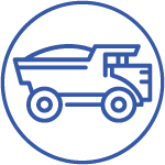 A circular icon featuring a line drawing of a modern, streamlined dump truck, depicted in a monochrome blue color.