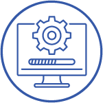 Icon depicting a computer monitor with a cogwheel and keyboard, illustrating computer settings or system configuration, enclosed in a circle, done in a line art style.