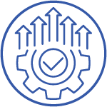 A circular blue emblem featuring a central checkmark surrounded by multiple upward-pointing arrows, symbolizing growth, success, or progress within a gear design.