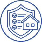 A blue and white line icon of a shield with a checklist and a house inside it, symbolizing home protection or insurance, enclosed in a circle.