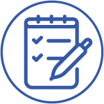 Blue circular outline containing an icon of a notepad with mathematical equations and a pencil, all in a line drawing style, indicating calculations or mathematical work.