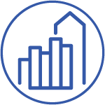 A minimalist logo featuring a line graph within a circle, ascending from left to right with a house outline incorporated into the highest peak on the right side, all in blue on a transparent background.