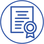 A circular icon featuring a stylized document with lines of text and a ribboned seal at the bottom right, all depicted in blue outline style against a white background.