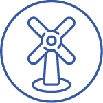 A minimalist line drawing of a windmill inside a circle, rendered in a dark blue outline on a transparent background.
