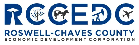 Logo of roswell-chaves county economic development corporation featuring icons of a tree, cow, oil rig, and airplane with the acronym "rcedc" above the full name.