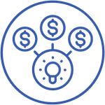 A blue line drawing of a simplified gear mechanism with three small gears inside a larger gear, each marked with a dollar sign, symbolizing pre construction financial mechanics or economic systems.