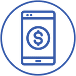 A stylized graphic of a smartphone with a dollar sign on its screen, enclosed within a circular border, all depicted in a contrasting linear design utilizing the CMAR process on a clear background.