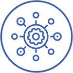 Line drawing of a circular diagram with a central gear connected to eight surrounding nodes by lines, suggesting a pre-construction mechanical or schematic design, depicted against a green background.