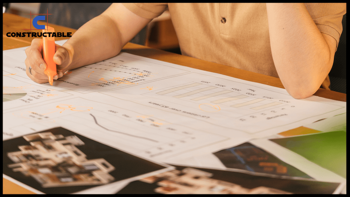 A person in a beige shirt reviews architectural design plans and sketches at a table, with a logo "constructable" visible in the top left corner.