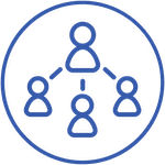 A simple icon depicting a network or team structure with one central figure connected to three others within a circular blue outline, utilizing the CMAR process.