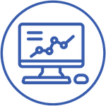 An icon representing the CMAR process, featuring a computer monitor displaying a graph and a magnifying glass in a circular, green outline.