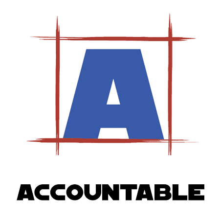 The image shows the letter "a" in a bold blue font, centered within a sketchy red rectangular frame. Below the letter is the word "accountable," one of the core values, in