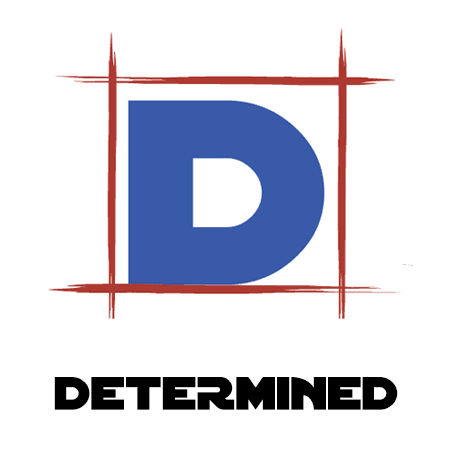 A logo featuring a bold blue letter 'd' enclosed in a rough red square border, symbolizing core values, with the word "determined" written in capital letters underneath.