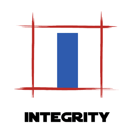 A graphic icon representing the core value "integrity," featuring a bold blue rectangle vertically oriented at the center, flanked by abstract red brush lines forming a square around it.