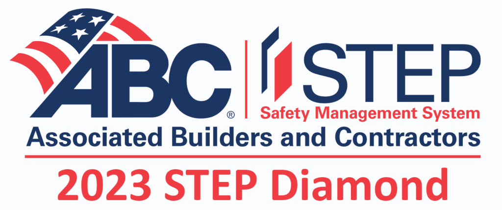Logo of associated builders and contractors (abc) featuring the text "abc | step safety management system", an American flag motif, and the words "2023 safety diamond.