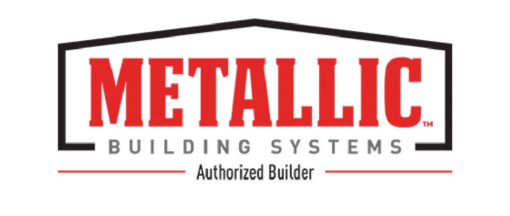Logo of metallic building systems featuring bold red and black text with the words "metallic" in large letters above "building systems" and "safety authorized builder" underneath.