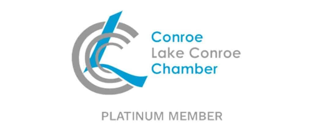 Logo of the Conroe Lake Conroe Chamber featuring a stylized blue swirl symbol representing safety and the words "Platinum Member" below it.