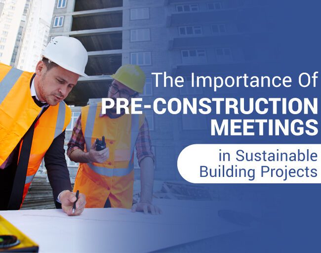 Two engineers in hard hats and high-visibility vests review plans on a clipboard at a construction site, highlighting "the importance of pre-construction meetings in sustainable building projects.