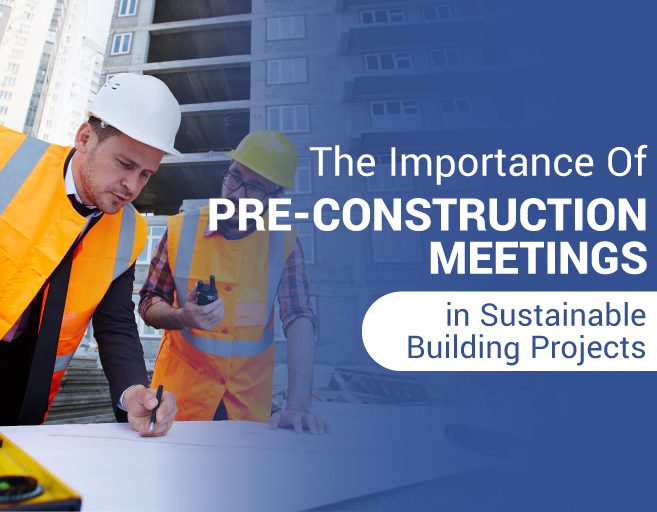 Two engineers in hard hats and high-visibility vests review plans on a clipboard at a construction site, highlighting "the importance of pre-construction meetings in sustainable building projects.