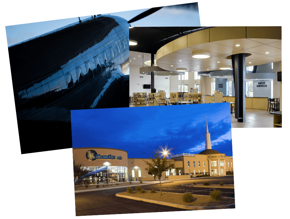 A collage of three images: a modern building with a curved structure at twilight, an indoor view with desks and circular architectural elements, and an exterior of a community center at dusk with a clear sky.