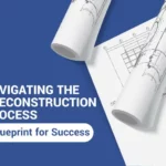 Architectural blueprints rolled and unrolled on a blue background with text that reads "navigating the preconstruction process, a blueprint for success.