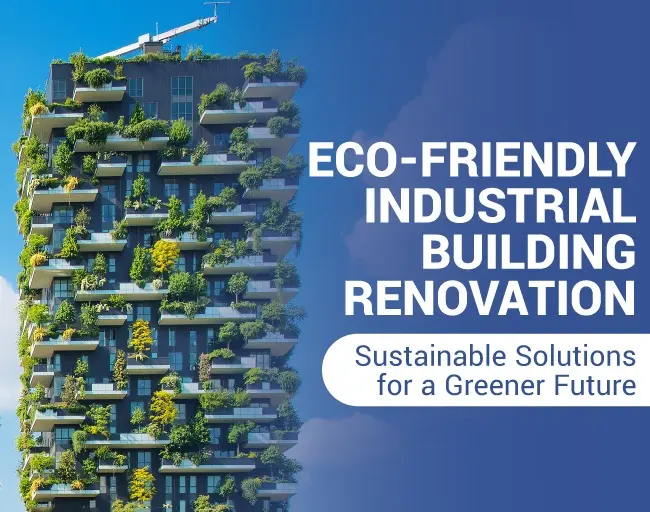 A modern industrial building renovation covered in green vegetation under a clear blue sky, headlined with "eco-friendly industrial building renovation" and subtext "sustainable solutions for a greener future.